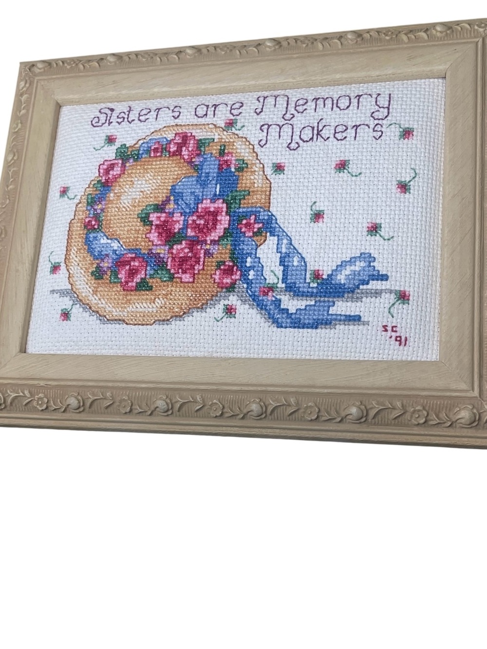 Framed Cross-Stitch Wall Art - Pink & Blue Floral Straw Hat “sisters” sentiment